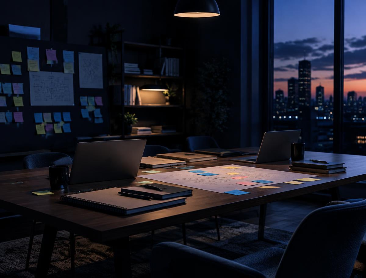 Illustrative image of a planning table with laptops and notes in a dim studio